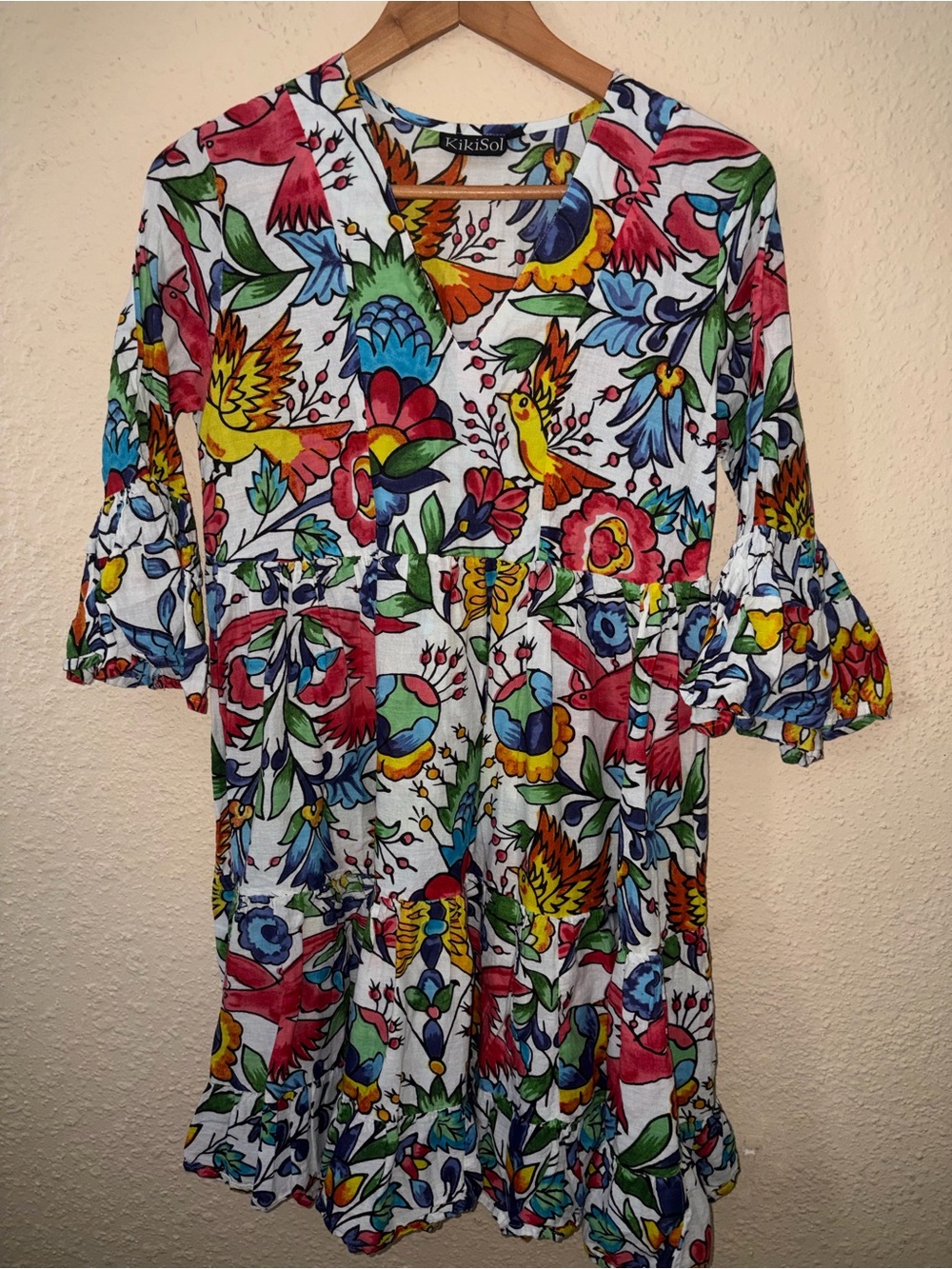 KikiSol White Maxi Dress with Multicolor Floral & Bird Print